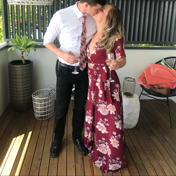 Lulus red floral floor length wrap dress. - Picture 2 of 7